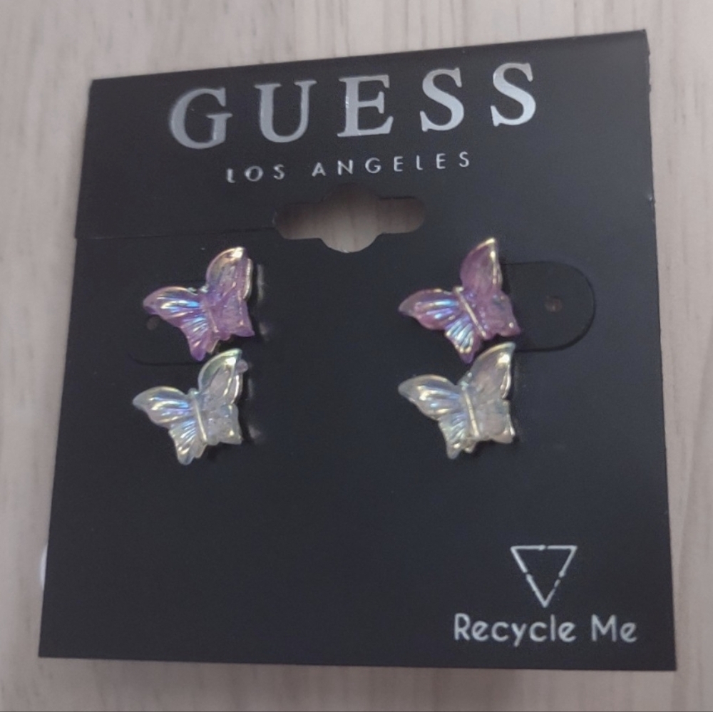 Guess Butterfly Iridescent Purple Crystal Gold Stud Earrings Y2K Bling Kawaii